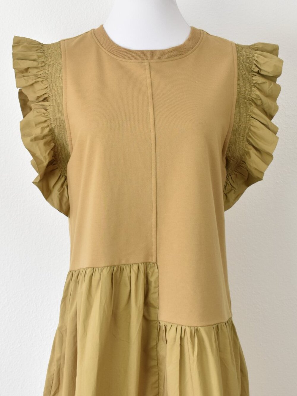 English Factory Mixed Media Ruffle Sleeve Dress Tan - M - Picture 2 of 9